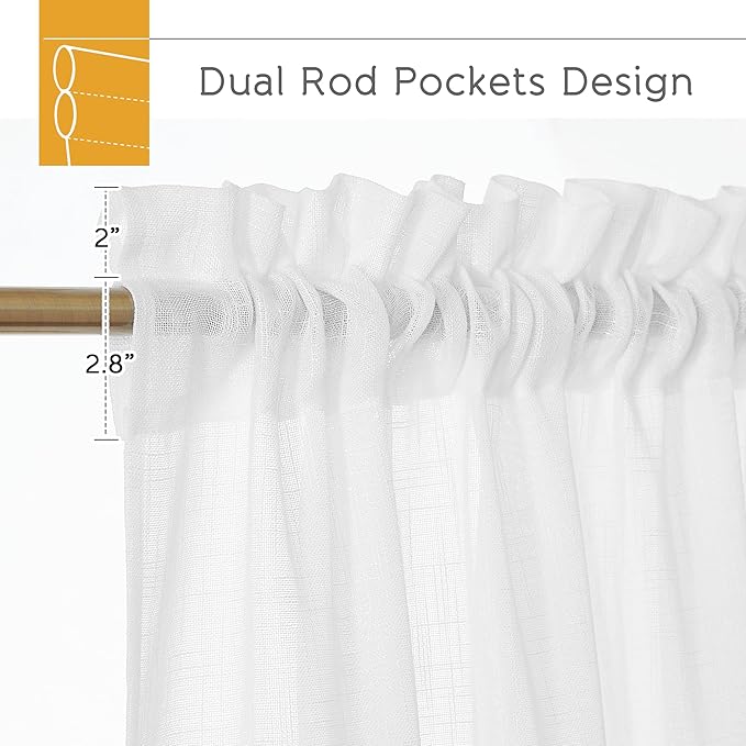 RYB HOME White Sheer Curtains for Living Room - Privacy Linen Fabric Semitransparent Farmhouse Country Curtains Light & Airy for Patio Door Bedroom Bay Window, W 52 x L 90 inch, 2 Panels