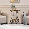 Side Table,Small Round End Table with Lower Shelf for Small Spaces, Portable Couch Sofa Coffee Table,Bedside Nightstand Table with Metal Frame,Retro Accent Drink Table for Living Room Bedroom Balcony