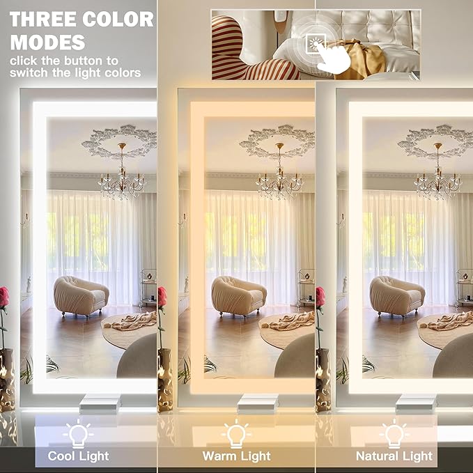 38"x28" Inch Large Lighted Vanity Mirror, 3-Color Lighting & Dimmable Modes, LED Makeup Mirror for Bathroom/Dressing Room (Wall/Tabletop Mount, White)