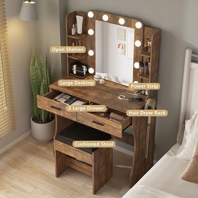 Vabches Vanity Desk with Lights,Makeup Vanity with Power Strip,Dressing Table Set with 2 Large Drawers,Vanity Mirror 3 Lighting Color Adjustable,Rustic Brown