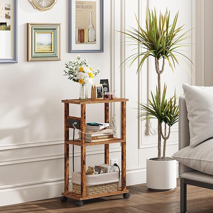 TUTOTAK Small Narrow Side Table with Charging Station, Skinny End Table for Small Spaces, Slim Nightstand with USB Ports and Outlet, Sofa Beside Table with Wheels, Rustic Brown TB01BB046C