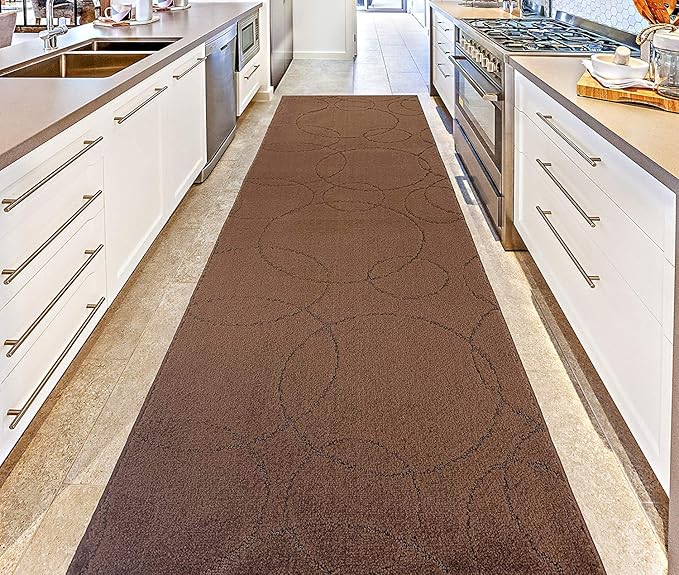 Custom Size Modern Geometric Pattern Carpet Runner Rug for Hallways, Slip Resistant Latex Rubber Backed, 31 inch Wide X Customized Length, Circles Brown, 31 inch X 14 feet