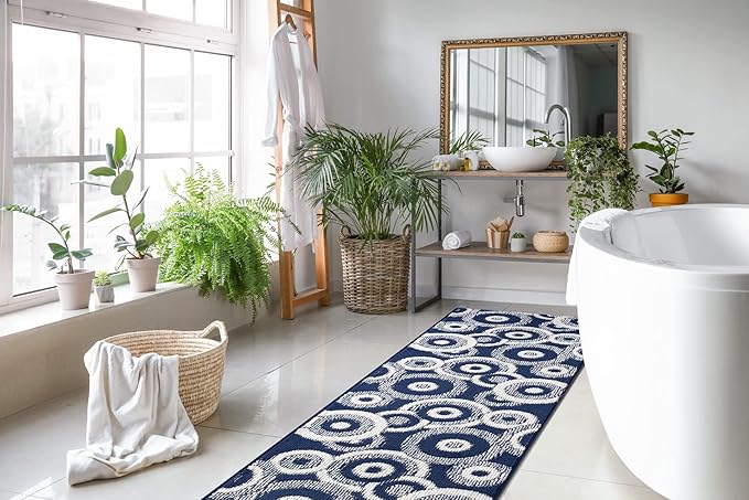 Custom Length Cut to Size Retro Modern Coastal Carpet Runner Rug for Hallways, Non Slip Rubber Backed, 31 inch Wide X Customized Length, Geo Blue, 31 inch X 25 feet