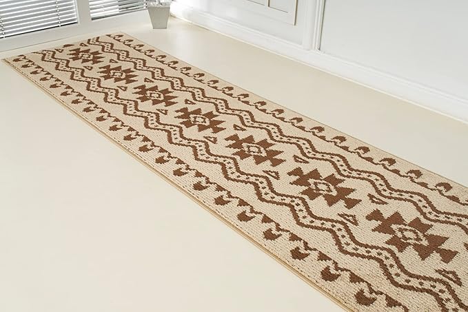 Custom Length Cut to Size Tribal Ethnic Southwestern Inspired Hallway Runner Rug, Non Slip Rubber Backed, 31 inch Wide X Customized Length, Aztec Beige, 31 inch X 3 feet, Doormat Size