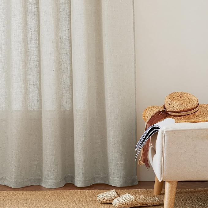 RYB HOME Linen Curtains for Bedroom - Light Airy Semi Sheer Curtains Large Window Decor for Living Room Sun Room Sliding Glass Door, Angora, 52 inch Wide x 84 inch Long, 1 Pair