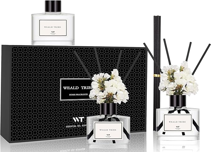 WEALD TRIBE Real Flower Reed Diffuser Set of 3 for Bathroom Air Fresheners, Oil Defusers | Fresh Linen/Ocean/Eucalyptus & Mint Scent(1.7 fl oz Each Pack) Home Fragrance with 12 Stick | Shelf Decor