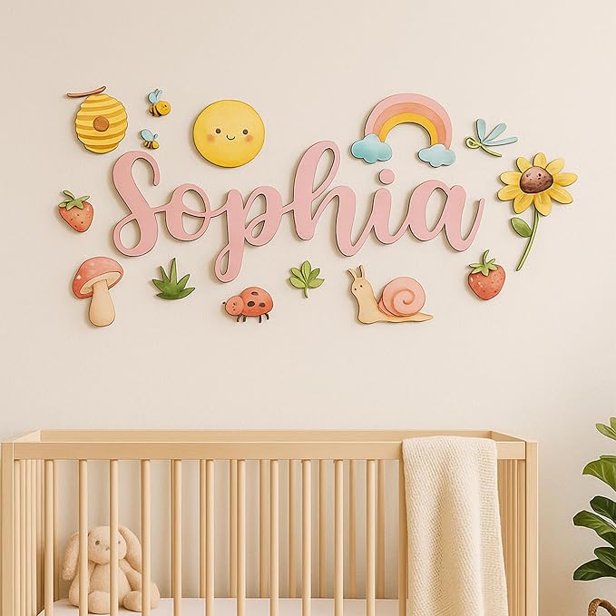Custom Nursery Name Sign with Themed Decor Kit | Personalized Wooden Wall Art for Baby, Kids Room | Space, Jungle, Circus, Under the Sea, Woodland, Rainbow (30", Rainbow/Nature)