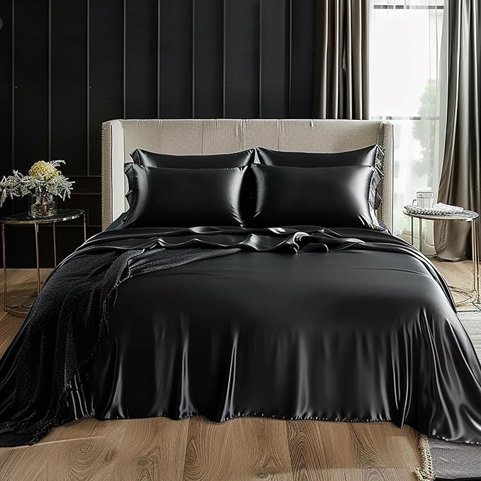 Love's cabin Full Size Satin Sheet Sets - 4 Piece Black Silky Sheet Set with Deep Pocket, Luxury Silk Feel Bed Sheets Full Bedding Set (1 Flat Sheet,1 Fitted Sheet,2 Pillow Cases)