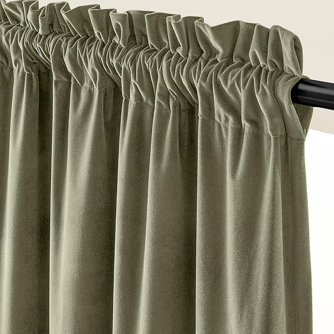 Lazzzy Velvet Blackout Curtains Thermal Insulated Room Window Drapes Super Soft Luxury Curtains for Living Room Bedroom Rod Pocket 2 Panels, Olive Sage, 52" W x 120" L