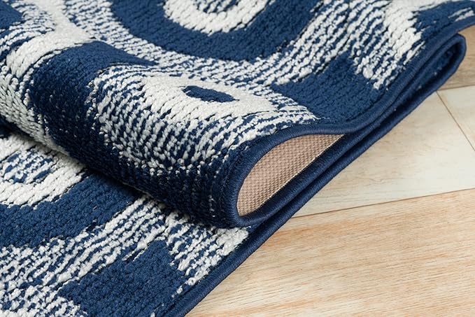 Custom Length Cut to Size Retro Modern Coastal Carpet Runner Rug for Hallways, Non Slip Rubber Backed, 31 inch Wide X Customized Length, Geo Blue, 31 inch X 29 feet