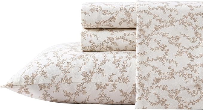 Laura Ashley - Flannel Sheets Queen Size, Anti-Pilling & Wrinkle Resistant Cotton, Touchably Soft for All-Season Comfort - Bed Sheets with Matching Pillowcases & Fitted Sheet (Victoria Beige)