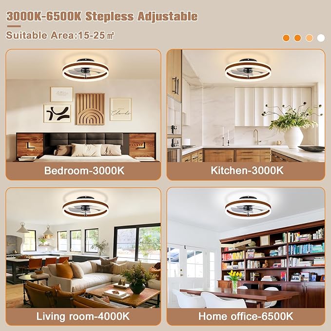 VOLISUN Low Profile Ceiling Fans with Lights and Remote, 19.7in Farmhouse Ceiling Fans with Light Flush Mount, 3000K-6500K Dimmable Fandelier LED Fan Light, Bladeless Ceiling Fans for Bedroom