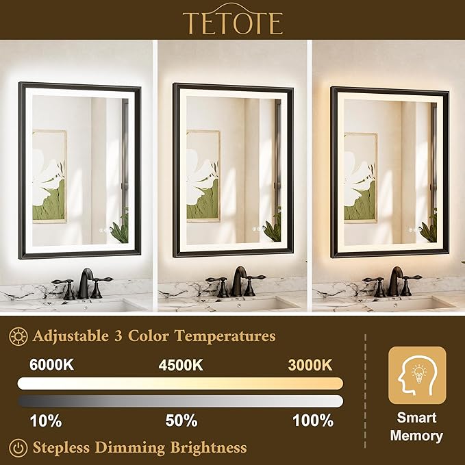 TETOTE Black LED Bathroom Mirror with Lights 42x36 Front & Back Light Vanity Framed Mirror Baroque Anti Fog Dimmable White/Warm/Natural,CRI90+,Waterproof,Wall Mounted(Horizontal/Vertical)