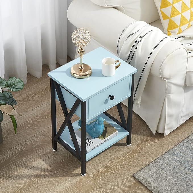 VECELO Nightstands Set of 2, Modern Bedside End Tables, Night Stands with Drawer and Storage Shelf for Living Room Bedroom, Industrial Metal Frame