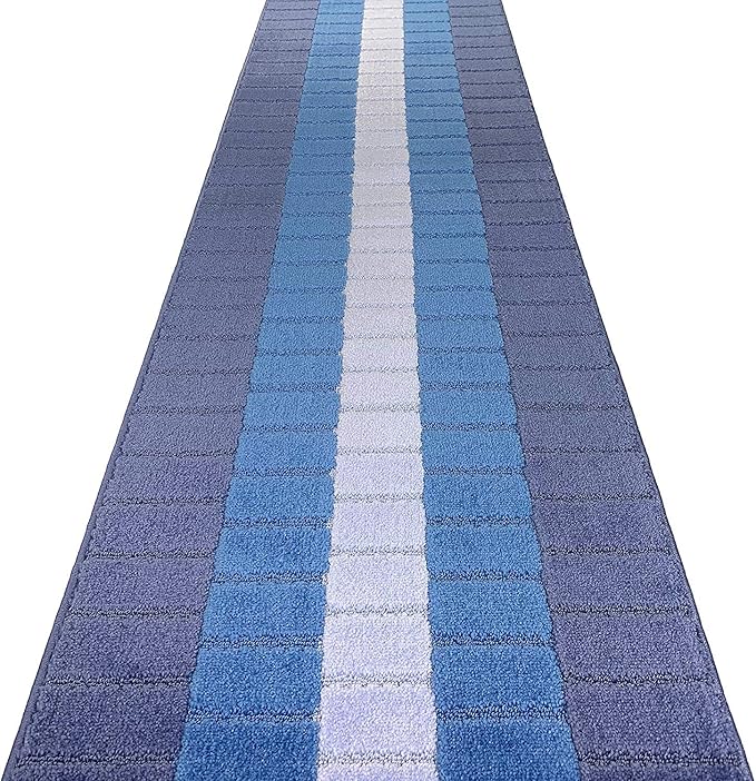 Custom Size Coastal Nautical Style Runner Rug Carpet for Hallway Entryway, Slip Resistant Latex Rubber Backed, 31 inch Wide X Customized Length, Squares Blue, 31 inch X 21 feet