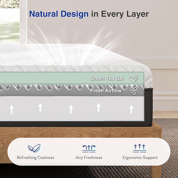 12 Inch Green Tea Memory Foam Mattress, Twin Memory Foam Mattress in a Box, Gel Infused Foam for Pressure Relief and Cool Sleep, CertiPUR-US Certified, Medium Firm