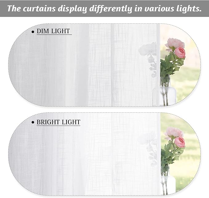 RYB HOME Semi Sheer Curtains - Privacy Linen Curtains Light Filtering Loose Weave Soft Drapes for Bedroom Living Room Bathroom Window Decor, White, 34 inch Wide x 63 inch Long, 1 Pair