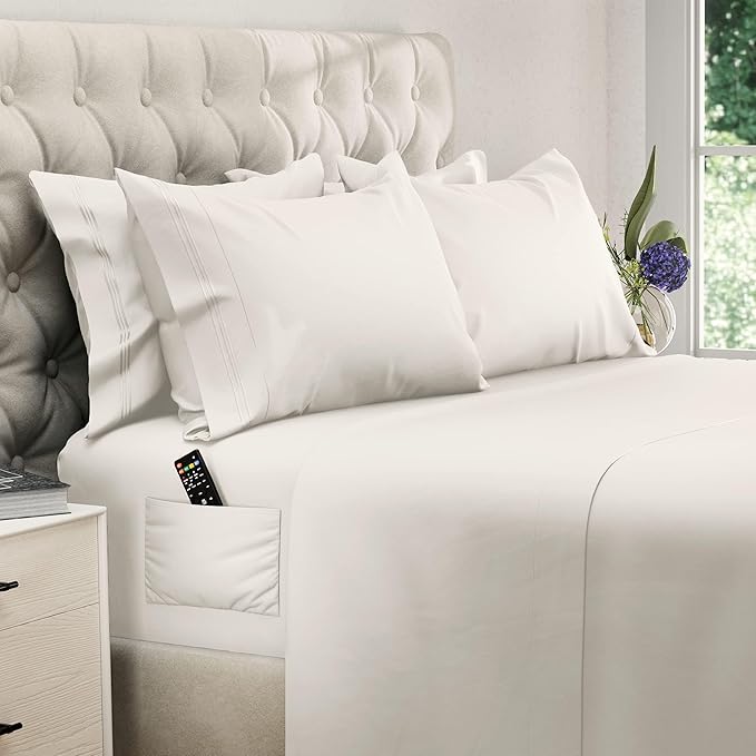 DREAMCARE Queen Sheet Set – 6 pcs Cooling Bed Sheets – up to 15” Deep Sheets Queen Size Bed Set – 2500 Supreme Collection – Extra Soft 100% Brushed Microfiber Hotel Luxury with Side Pocket – Ivory