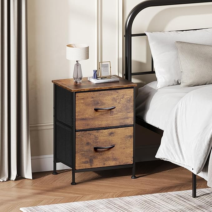 WLIVE Night Stand, Small 2 Drawer Dresser, Nightstand with Fabric Bins for Bedroom, Closet, Dorm, Rustic Brown Wood Grain Print, 11.8" D x 15.7" W x 20.9" H