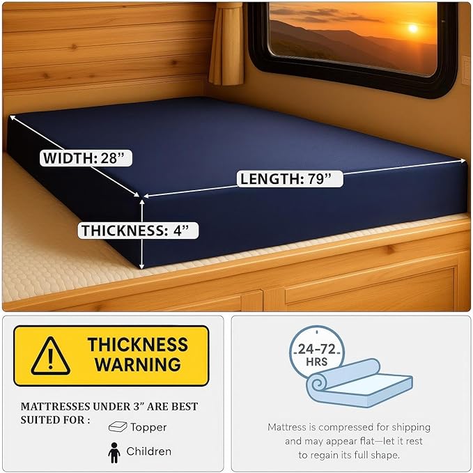 Foamma 4” x 28” x 79” Water Resistant Gel Memory Foam RV Bunk Mattress, Firm High Density Foam Base, Comfortable and Durable Polyester Cover, Truck, Camper, Travel Trailer, Made in USA