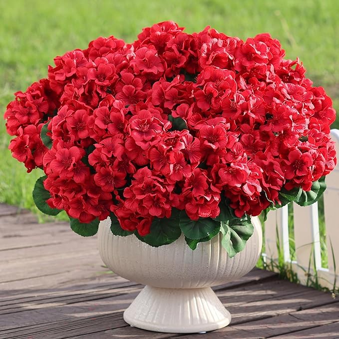 16 Bundles18" Artificial Geranium Flowers for Outdoor Spring Summer Decoration,Fake Silk Geranium Faux Plants UV Resistant for Front Door Planter Outside Home Garden Balcony Yard Porch Decor (Red）