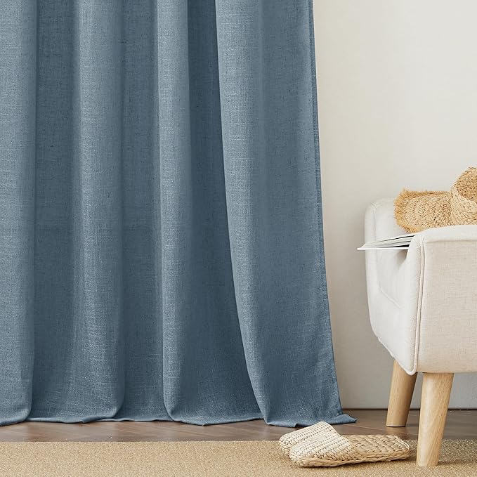 RYB HOME Natural Semi Sheer Curtains - Linen Texture Light Filtering Privacy Lightweight Wrinkle-Resistant Washable Vintage Drapes for Kitchen Home Office, W 60 x L 95 inches, Stone Blue, 1 Panel