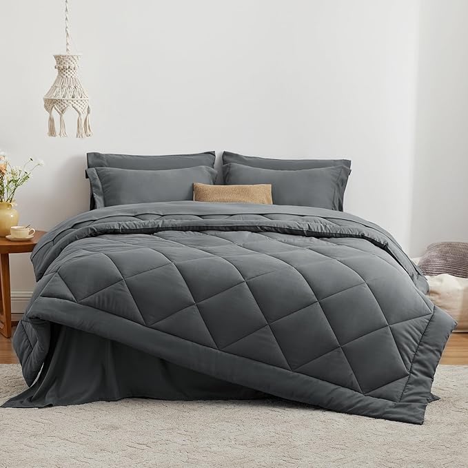 Love's cabin King Size Comforter Set Dark Grey, 7 Pieces King Bed in a Bag, All Season Bedding Sets with 1 Comforter, 1 Flat Sheet, 1 Fitted Sheet, 2 Pillowcase and 2 Pillow Sham