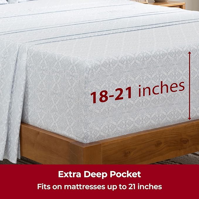 Mellanni Extra Deep California King Sheets - 4 PC Iconic Collection Bedding - Luxury, Ultra Soft, Cooling Bed Sheets - Wrinkle, Fade, Stain Resistant (Cal King, Laced Sky Blue)