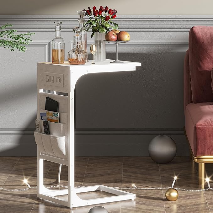 TUTOTAK C Shaped End Table with Charging Station, Side Table for Sofa, Couch Table with Storage Bag, TV Tray Table with 2 USB Ports and Outlets for Living Room, Bedroom, White TB01BW024