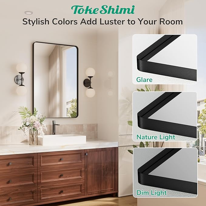 TokeShimi 30x36 Black Mirror for Bathroom,Modern Bathroom Vanity Mirror,Tempered Glass,Matte Black Aluminum Framed Mirror(Horizontal/Vertical)