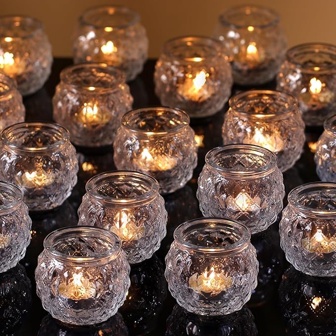 DARJEN 48Pcs Clear Votive Candle Holders - Round Candle Holder, Candle Holders Bulk for Tea Light Candle, Embossed Candle Votives for Wedding Centerpiece & Home Decor