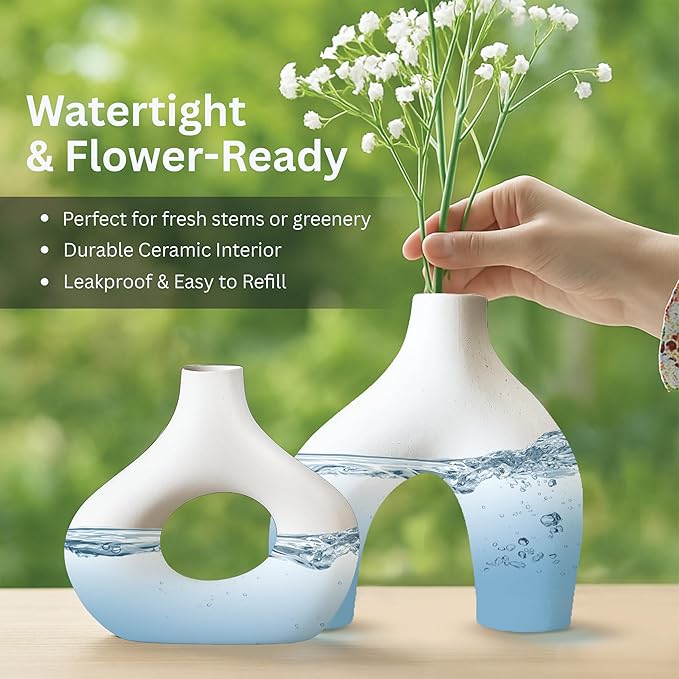 Nordic Ceramic Vase Set – 2 White Sculptural Vases for Fresh Flowers or Dried Stems – Minimalist Home Décor for Shelf, Table, Wedding or Gift – Holds Water