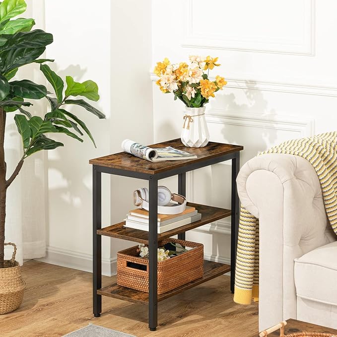 HOOBRO End Table, Simple Rustic Side Table with 3-Tier Storage Shelf, Narrow Nightstand for Small Spaces, for Living Room, Bedroom,Easy Assembly, Industrial Design, Rustic Brown and Black BF14BZ01