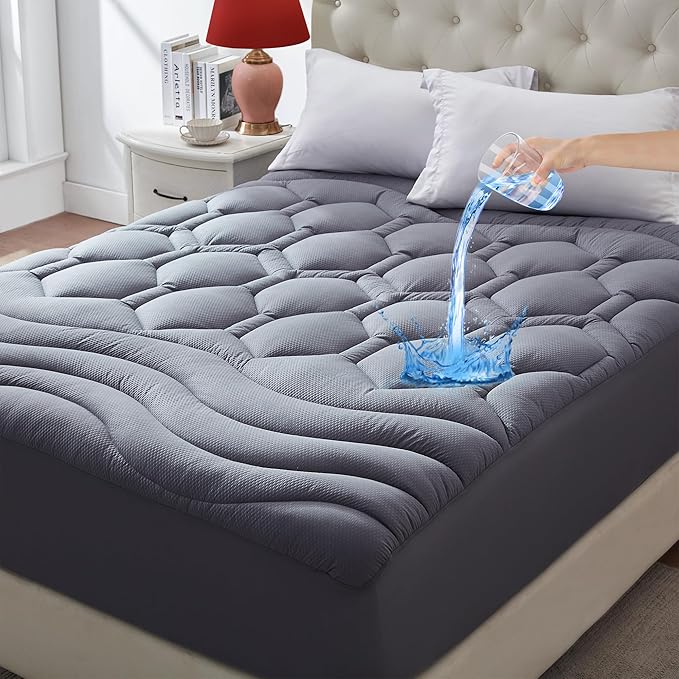 Queen Size Mattress Pad Waterproof, Pillow Top Cooling Mattress Topper Cover, Quilted Fitted Mattress Protector Washable, Deep Pocket 8-21" (60x80 inch, Grey)