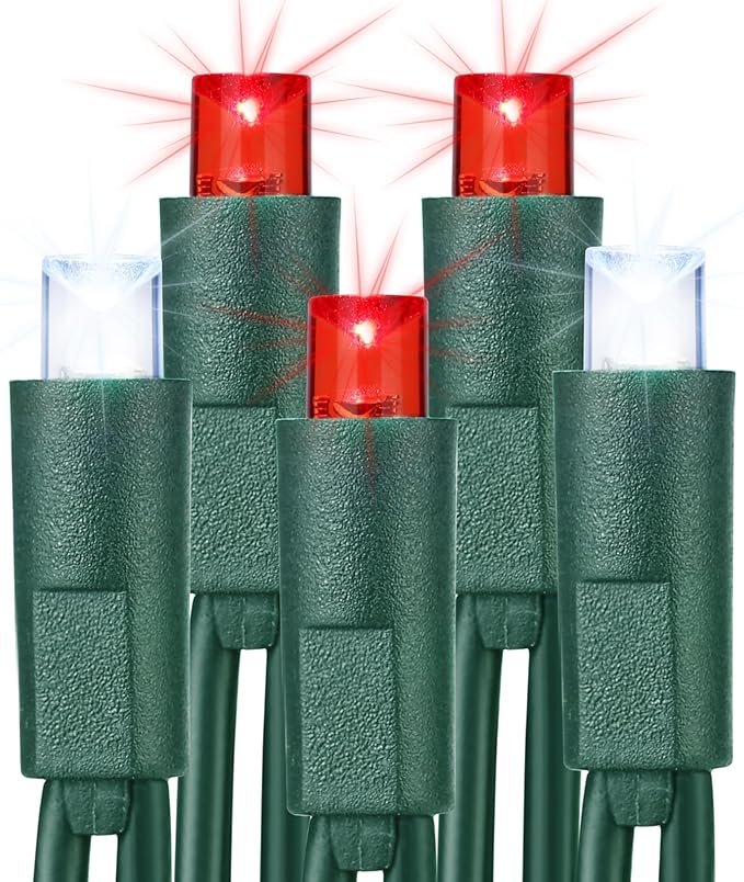 Brizled Red & White Christmas Lights, 33ft 100 LED Christmas String Lights, 5MM Wide Angle Xmas Tree Light Connectable, 120V UL Certified Mini Xmas Light for Indoor Outdoor Tree Room Party, Green Wire