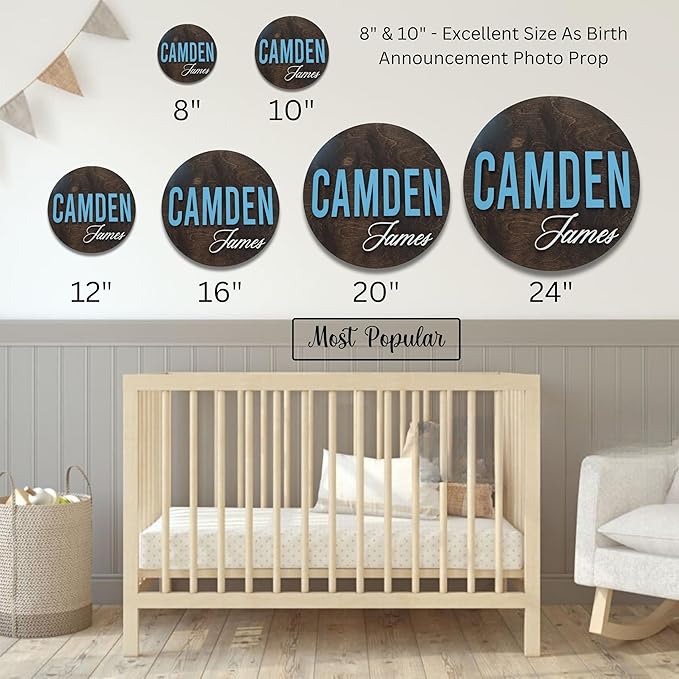 Custom Round Nusery Name Sign, Personalized 3D Baby Name Announcement Sign, Personalized Wooden Wall Plaque, 3D Wall Art for Children & Kids Rooms, Family Name Signs, 30 Colors (Design 11)