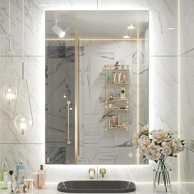 Keonjinn 24 x 36 Inch Backlit Mirror for Bathroom, Anti-Fog Led Mirror, CRI90+ HD Tempered Glass, Stepless Dimmable Lighted Mirror, High Lumen, UL Listed, Waterproof, Horizontal/Vertical