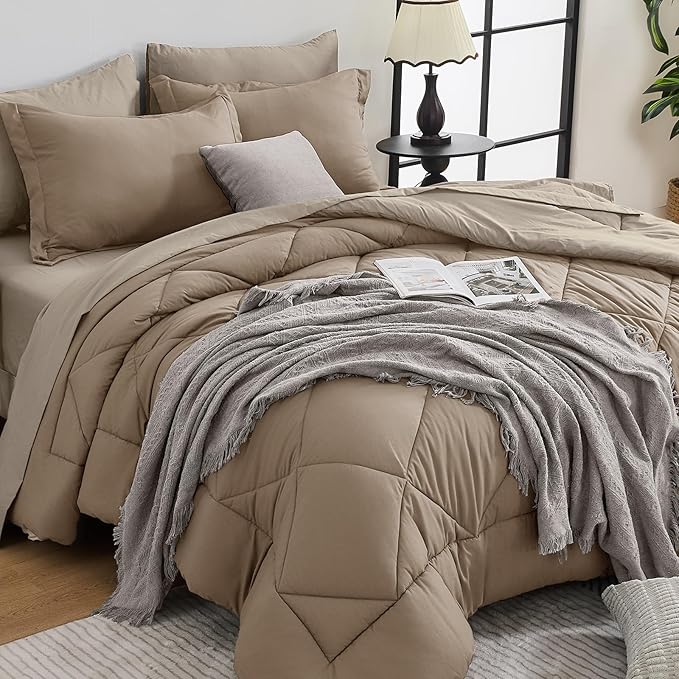 HEVUMYI Khaki & Linen Full Comforter Set - 7-Piece All Season Bed in a Bag Full, Ultra Soft Bedding Set with Comforter, Flat Sheet, Fitted Sheet, Pillowcases, Pillow Shams