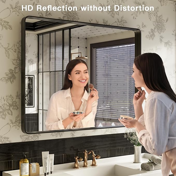ISKM Black Metal Framed Wall Mirror for Bathroom 36" x 36" Rounded Corner Rectangle Mirror Bedroom Vanity Mirrors Wall Mounted Tempered Glass