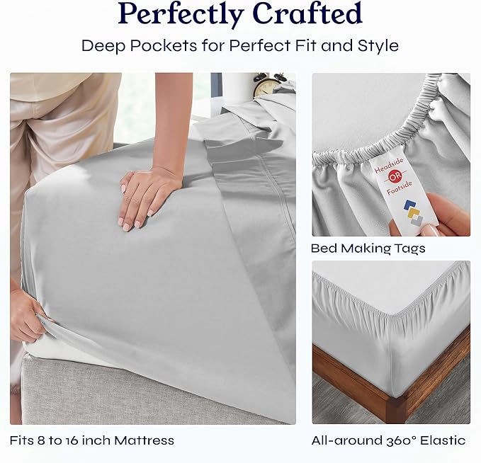 California Design Den Queen Sheets Set - Soft 400 Thread Count Sateen, Natural 100% Cotton Sheets, Deep Pockets with All Around Elastic for a Snug Fit, Cool & Durable Bedding Set - Light Grey