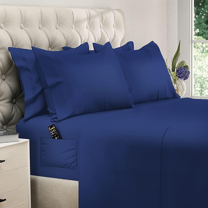 DREAMCARE California King Sheet Sets – 6 pcs Cooling Bed Sheets – up to 21” Deep Cal King Sheets – 2500 Supreme Collection – Extra Soft 100% Brushed Microfiber Hotel Luxury with Side Pocket – N Blue