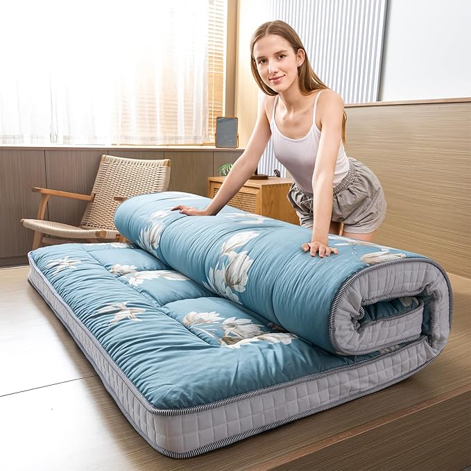 MAXYOYO Floral Printed Futon Mattress, Japanese Floor Mattress Quilted Bed Mattress Topper, Extra Thick Folding Sleeping Pad Breathable Floor Lounger Guest Bed for Camping Couch, Full Size