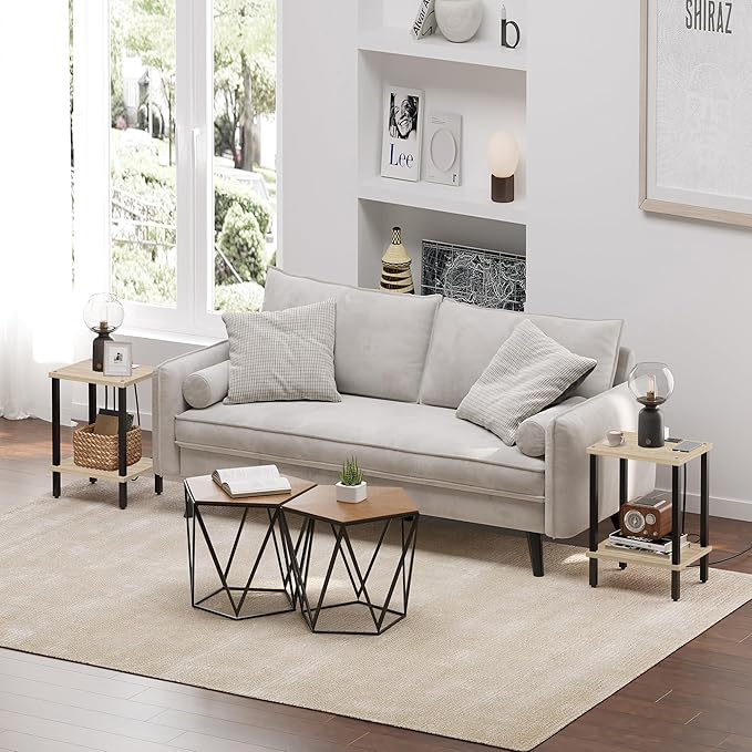 TUTOTAK End Table with Charging Station, Set of 2, Small Side Table with Outlets, Nightstand Bedside Table, 2-Tier Storage Shelf for Small Space, Living Room, Bedroom Oak TB01BO041