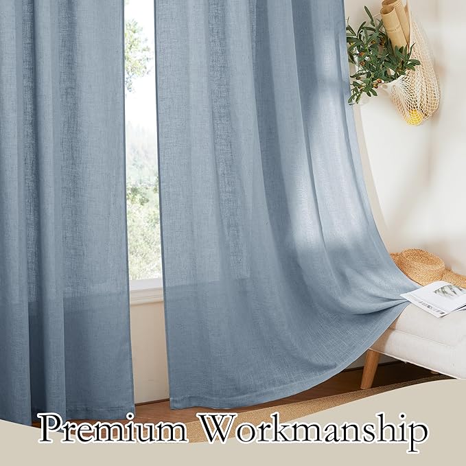 RYB HOME Privacy Sheer Curtains for Bedroom, Linen Blend Lightweight Breathable Burlap Curtains Back Tab Farmhouse Boho Rustic Decoration, Length 36 by Width 52 inch, Dusty Blue, 1 Pair