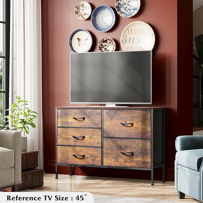 WLIVE Dresser for Bedroom with 5 Drawers, Wide Chest of Drawers for Bedroom, Fabric Dresser for Living Room, Closet, Hallway, Rustic Brown Wood Grain Print