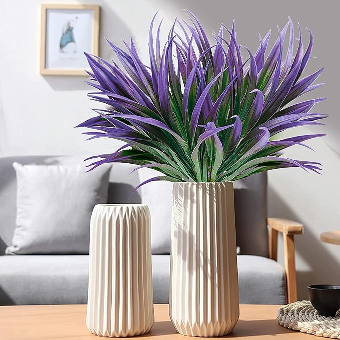 8 Pcs Outdoor Fake Plants UV Resistant Artificial Tall Grass Plants Faux Tropical Flowers Bushes Décor Fall Winter Summer Planters Patio Front Door Porch Plastic Greenery & Shrubs Decoration