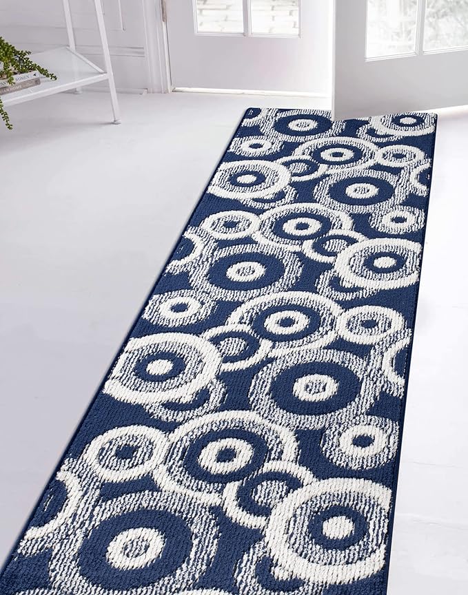 Custom Length Cut to Size Retro Modern Coastal Carpet Runner Rug for Hallways, Non Slip Rubber Backed, 31 inch Wide X Customized Length, Geo Blue, 31 inch X 25 feet
