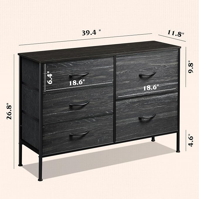 WLIVE Dresser for Bedroom with 5 Drawers, Wide Dressers with Drawer Organizers, Chest of Drawers, Fabric Dresser for Living Room, Closet, Hallway, Charcoal Black Wood Grain Print