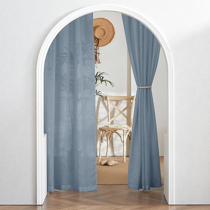 RYB HOME Boho Linen Curtains 90 inches Long, Light Filtering Vertical Texture for Living Room Glass Door Nursery Dining Room, Privacy Assured Natural Fabric Drapes, Dusty Blue, W 60 x L 90, 1 Pc