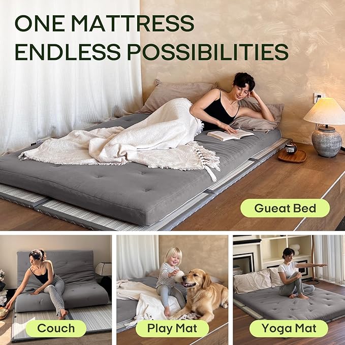 ZonLi Japanese Floor Futon Mattress Twin Size 75"x 39", 100% Cotton Cover 2.5'' Thicken Tatami Mattress, Foldable Sleeping Pad, Portable Dormitory Tatami Mat (Grey)